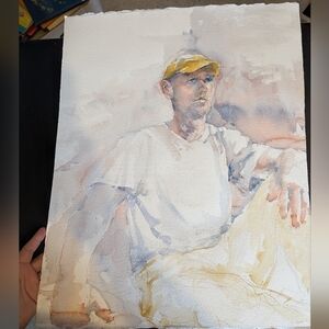 Watercolor painting guy sitting with baseball cap-‎ raw- no frame